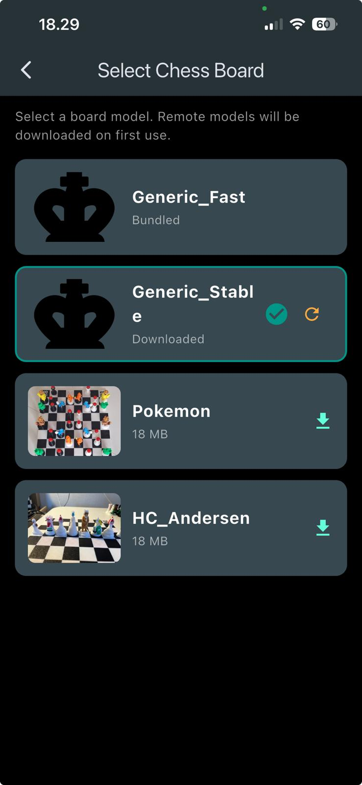 Board selection screen in the app